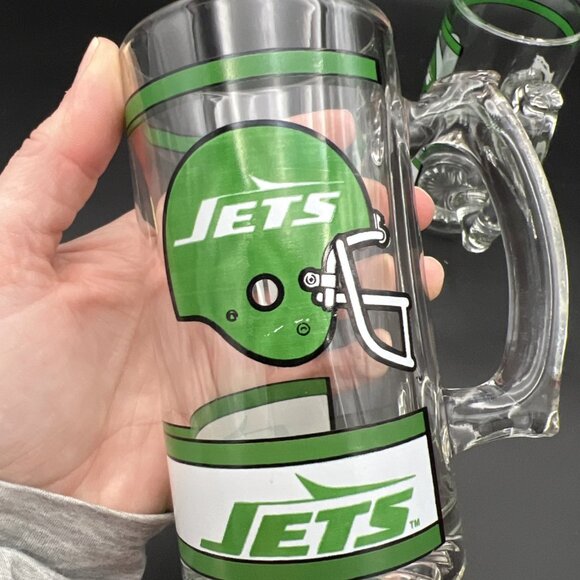 Set Of 2 Vintage New York Jets Handled Heavy Glass Beer Mugs Libby NFL 1980s - Picture 8 of 12